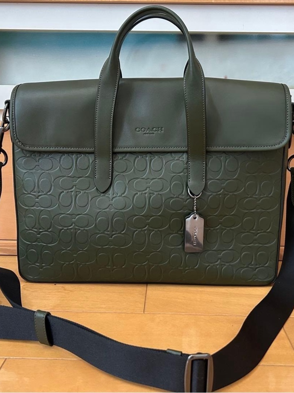 Coach Olive Green Signature Embossed Leather Laptop Bag
